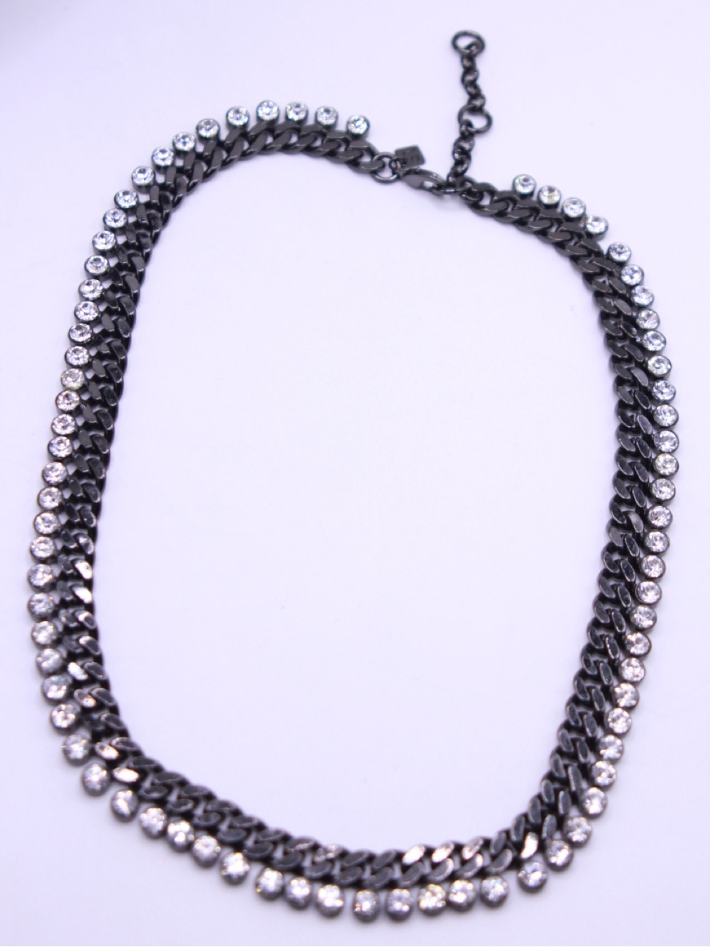 White House Black Market Gunmetal Chain Necklace with Clear Crystals
